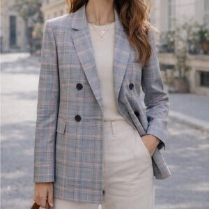 SUNDAY BEST | ARITZIA Galt Classic Double Breasted Plaid Blazer in Gray | Medium